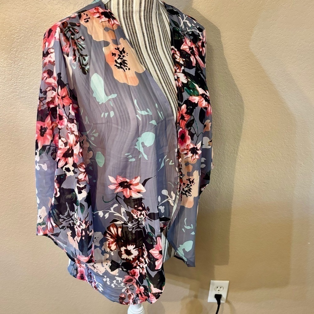 Open Cardigan Blouse Large Grey Floral Pink Gold Peach Sheer Mandarin - Picture 4 of 14
